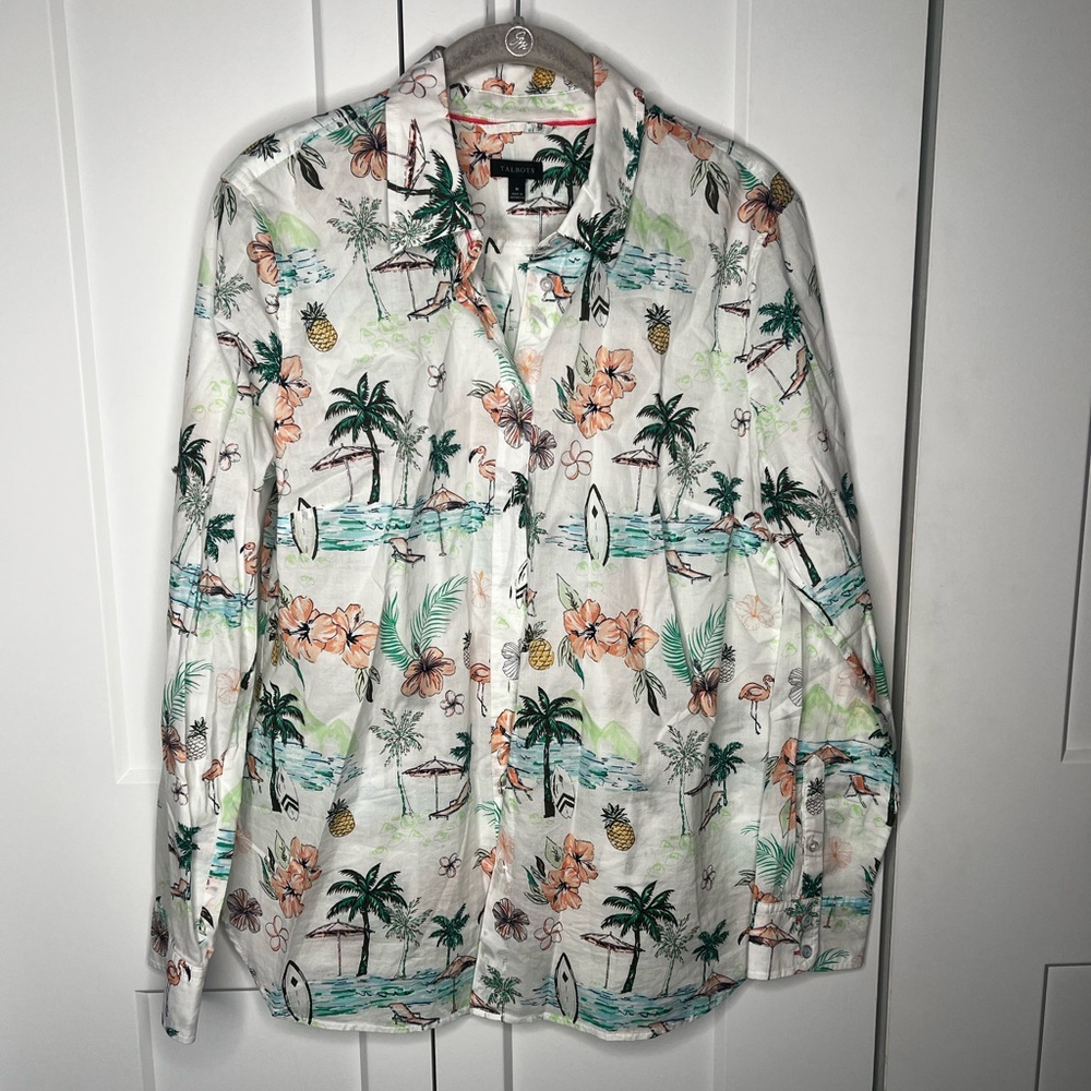 FINAL SALE Talbots Tropical Beach Summer Print Button Down Shirt Size Medium - Picture 1 of 6